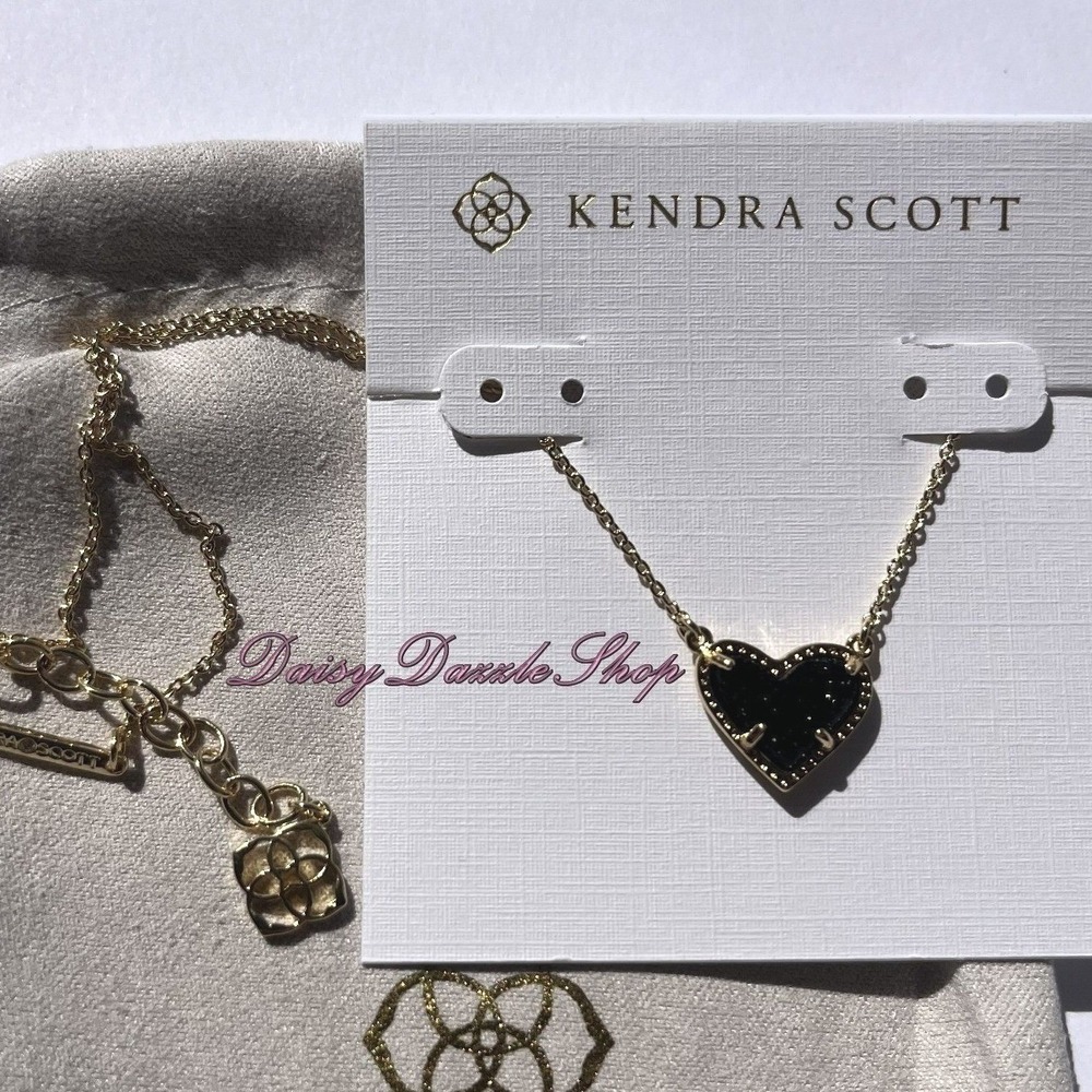 ✨🖤New Kendra Scott Ari Heart Black Drusy Pendant Necklace Gold Plated 🖤✨